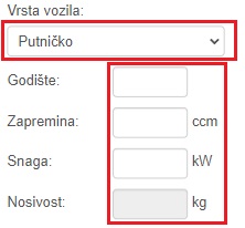 Odabir vrste vozila za kalkulator registracije