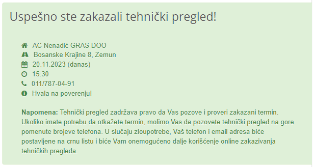 Zakaži tehnički - uspešno zakazan termin