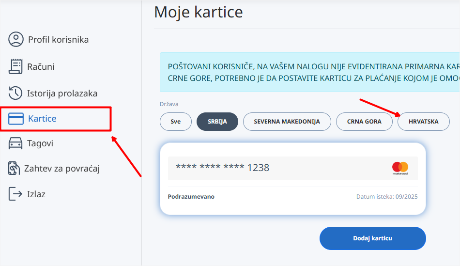 Uputstvo za podešavanje srpskog TAGa za Hrvatsku: izbor zemlje i platne kartice