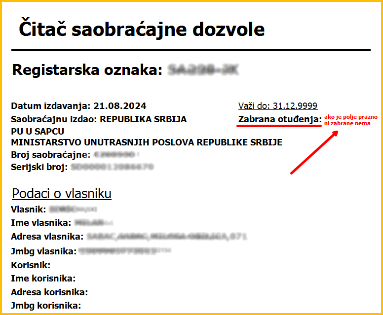 Zabrana otuđenja se evidentira na saobraćajnoj dozvoli